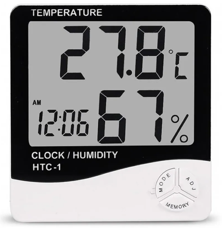 Termo-higrômetro digital que mede temperatura, umidade e possui relógio integrado.